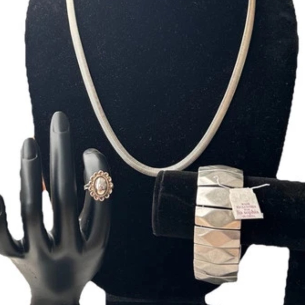 Snake Chain Necklace Vtg 23” Alpaca Ring Sz 5.5 Bracelet 7” Silver Tone Lot 3pc